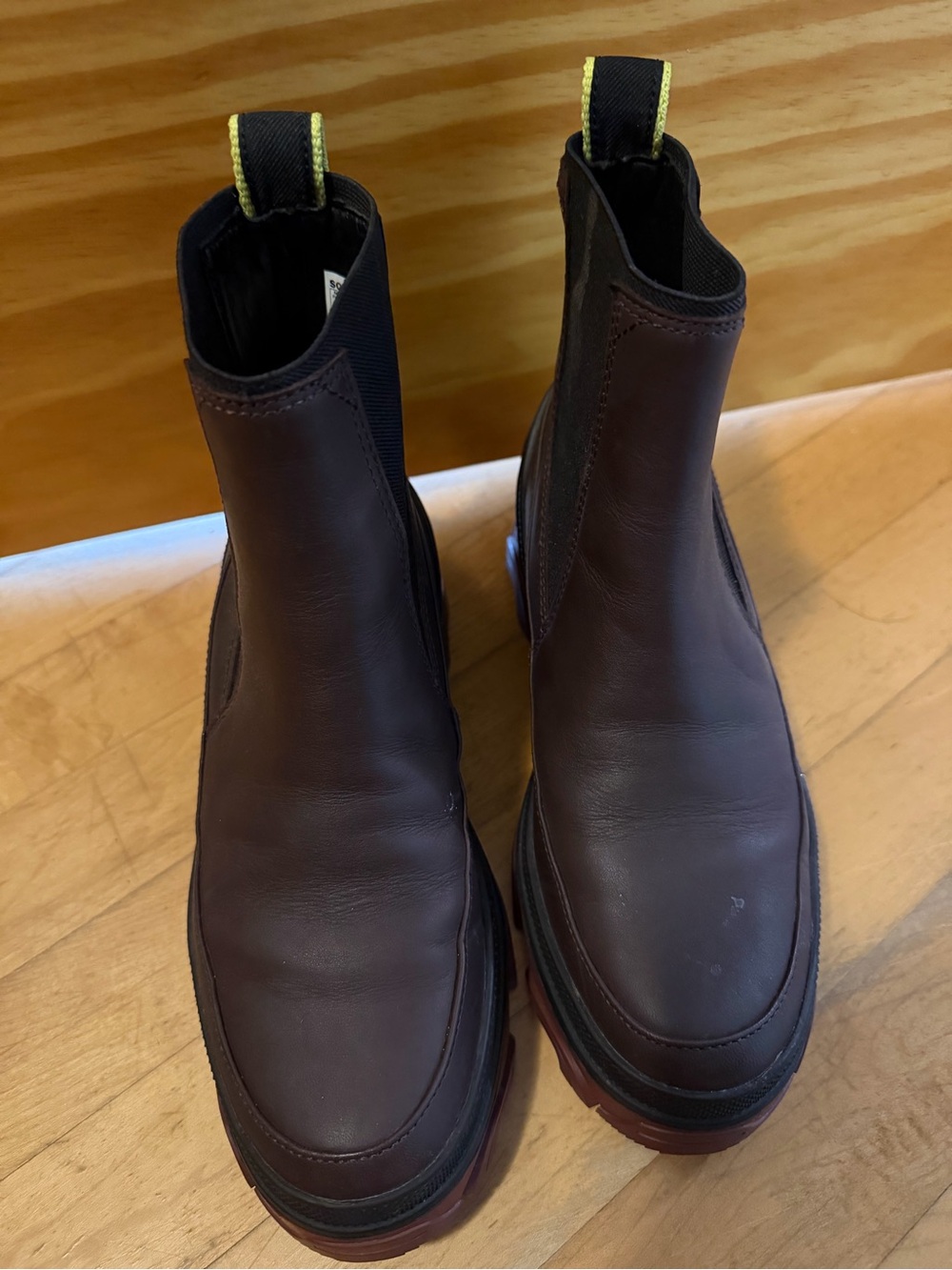 Sorel Brown Chelsea Boots with Yellow Pull Tabs
